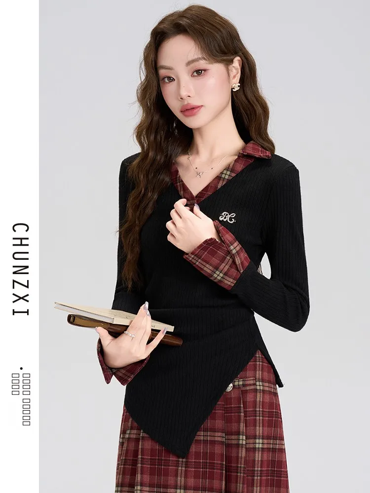 

Весенний корейский трикотажный джемпер Aosphere с асимметричным цветовым блоком, женский, новинка ранней весны, мягкий, с V-образным вырезом, длинный рукав