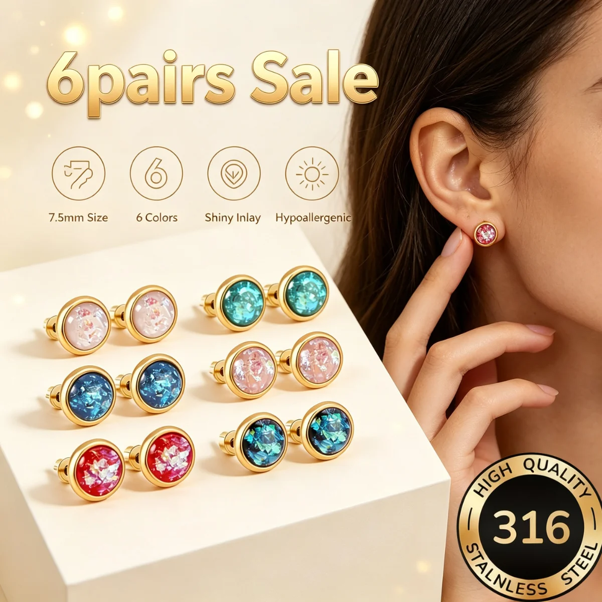 Edelstahl Großhandel Ohrstecker 6 Paar/Set Rund 7,5MM Breite Vergoldet Ohrpiercing Schmuck Trendige Damen-Accessoires – Detail 3