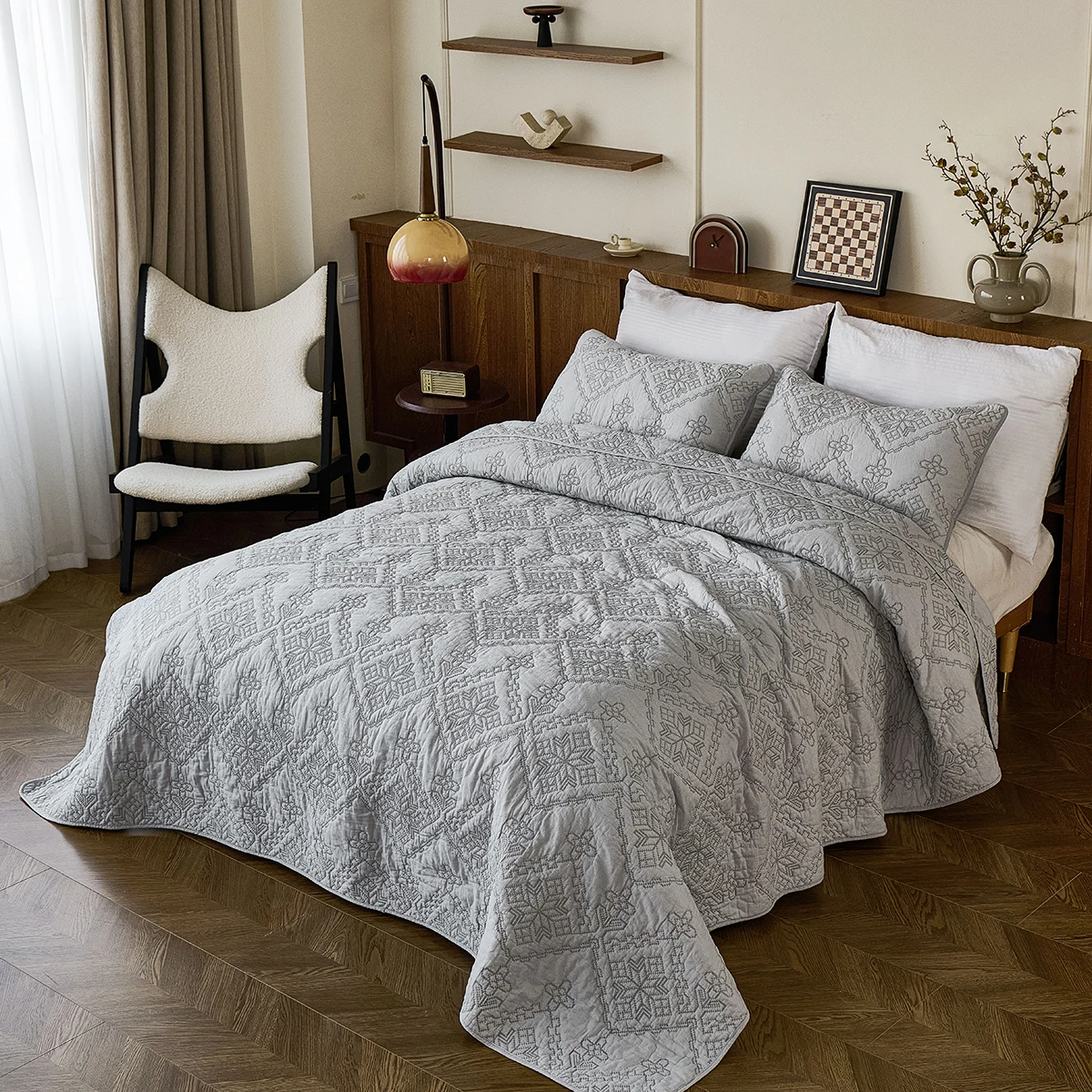 Handmade Embroidery Duvet Cover Set Queen, Embroidered Bed Sheet with 2 Pillow Shams, Floral Embroidery Bedding, 3 Piece Bed Set