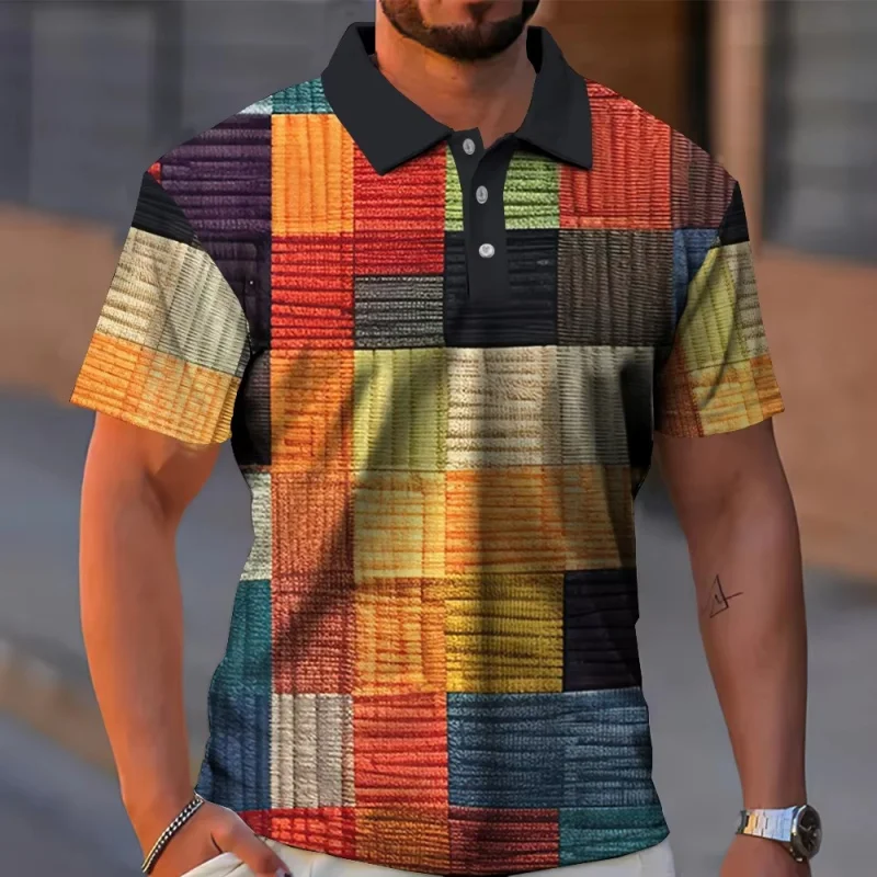 Colorful Grid Polo Shirt For Men Geometric Splicing 3D Printed Pattern T-Shirts Summer Casual Short Sleeve Loose Tops Lapel Tees
