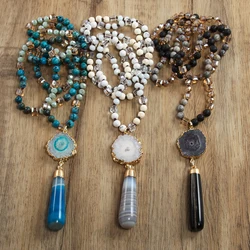 Irregular Sunflower Agate Bohemian Jewelry 6mm Natural Stone Glass Knot Necklace Striped Agate Drop Pendant Necklace