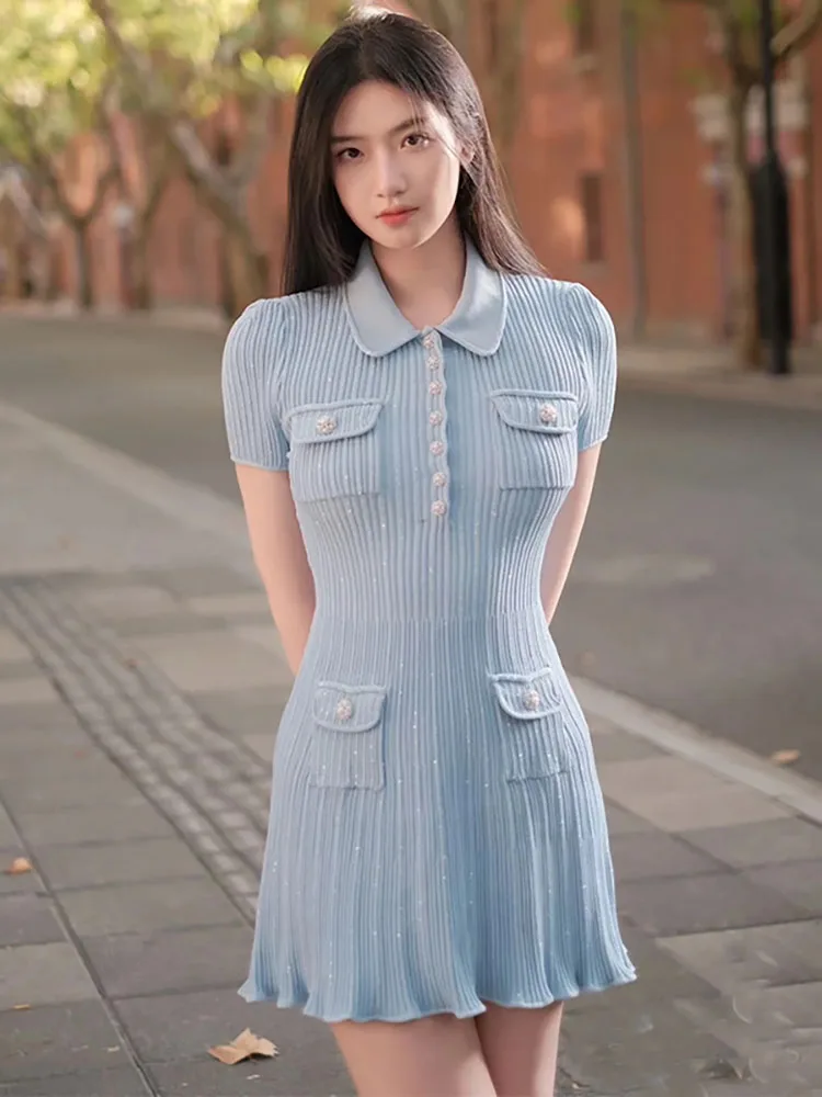 y2k2024 early spring haze blue small fragrant temperament style threaded knit drill buckle collar short sleeve dress