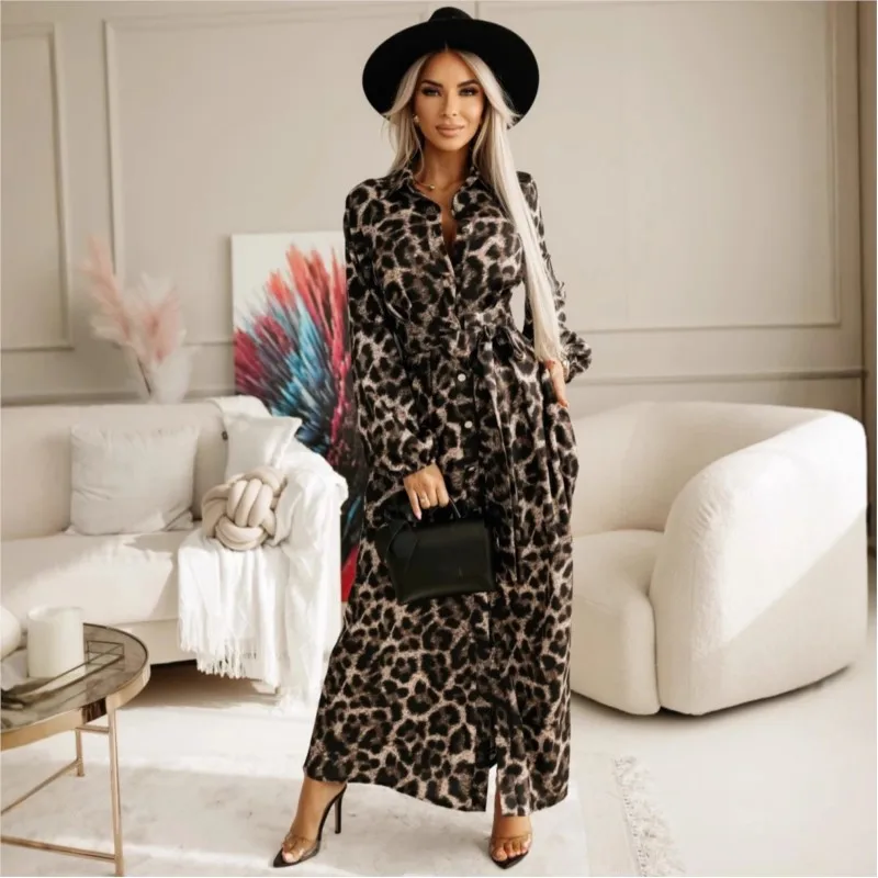 

Single Breasted Long Sleeved Fashionable Printed Slit Dress Spring Autumn Women Casual Lapel Tied Long Frock Vestidos Para Mujer