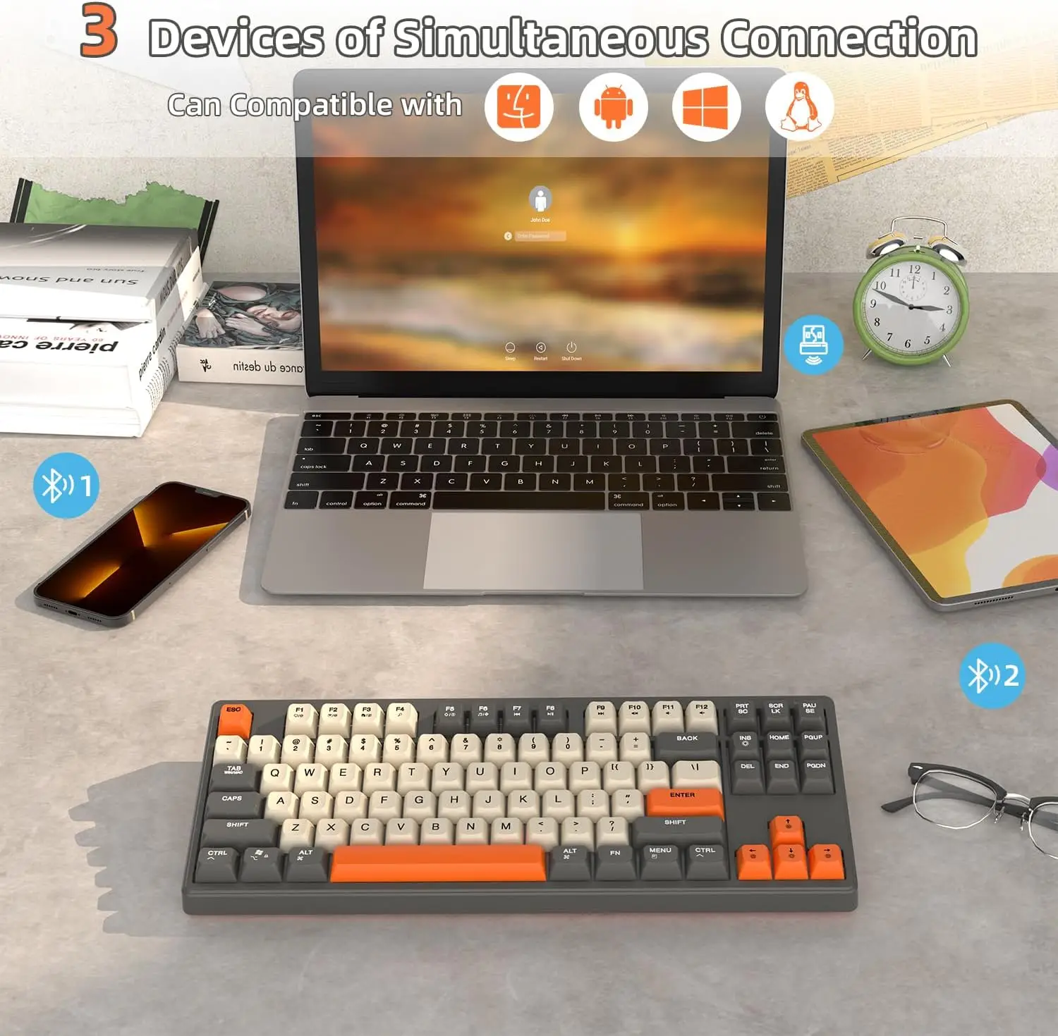 M87 Wireless Gaming Keyboard, Bluetooth 5.0/2.4GHz with Dual Mode 2-in-1 Receiver, 87 Keys TKL Rainbow LED Backlit Quiet Keyboar