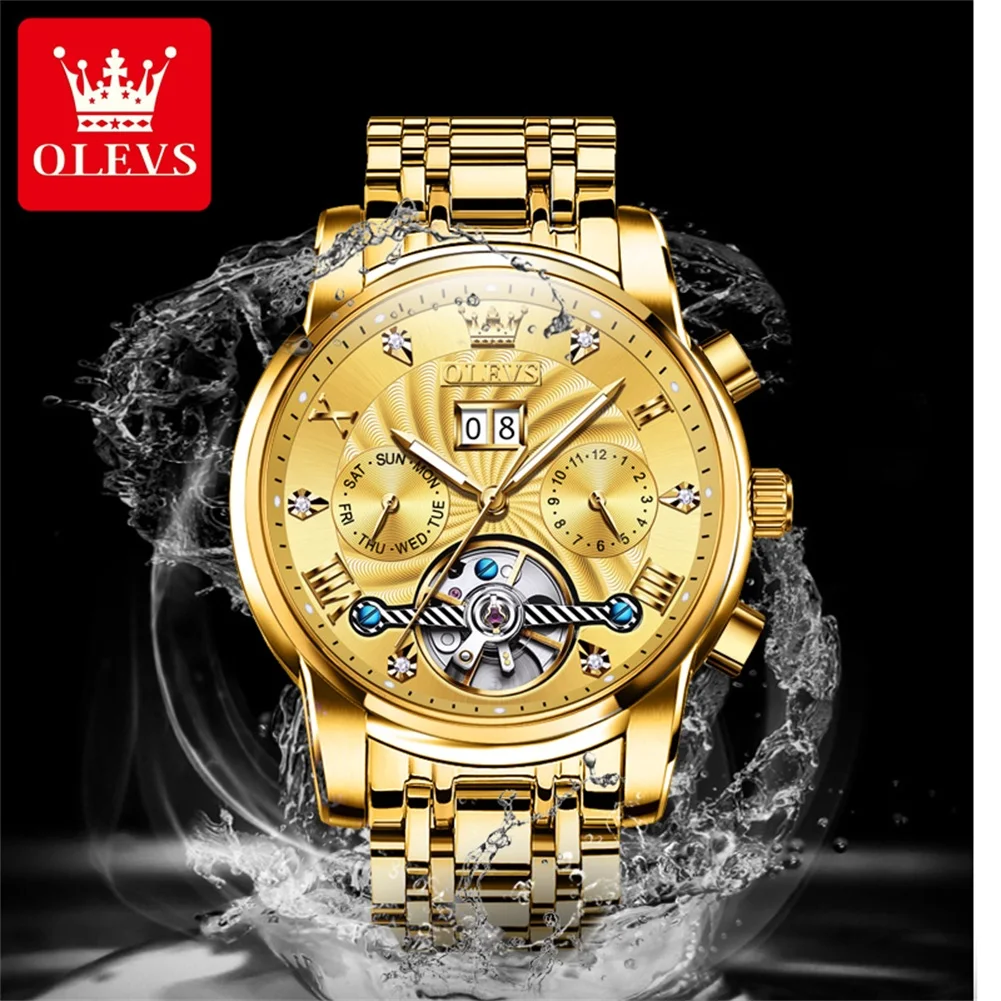 OLEVS Top Brand Men Watches Automatic Mechanical Watch 50M Waterproof Stainless Steel Skeleton Design Watches Reloj de hombre