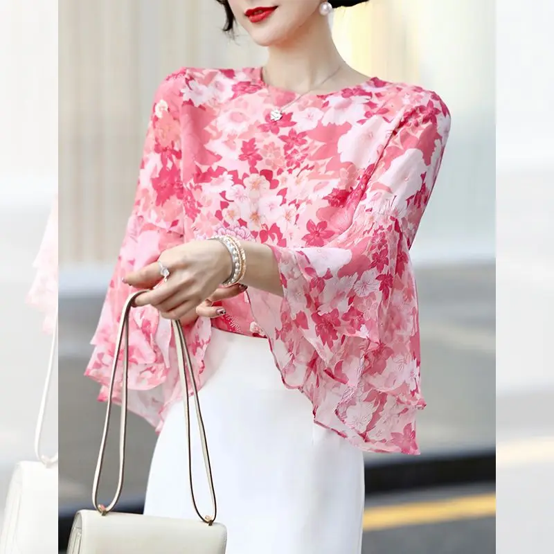 Vintage Printed Spliced Butterfly Sleeve Blouse Women\'s Clothing 2023 Summer New Loose Casual Pullovers Office Lady Floral Shirt