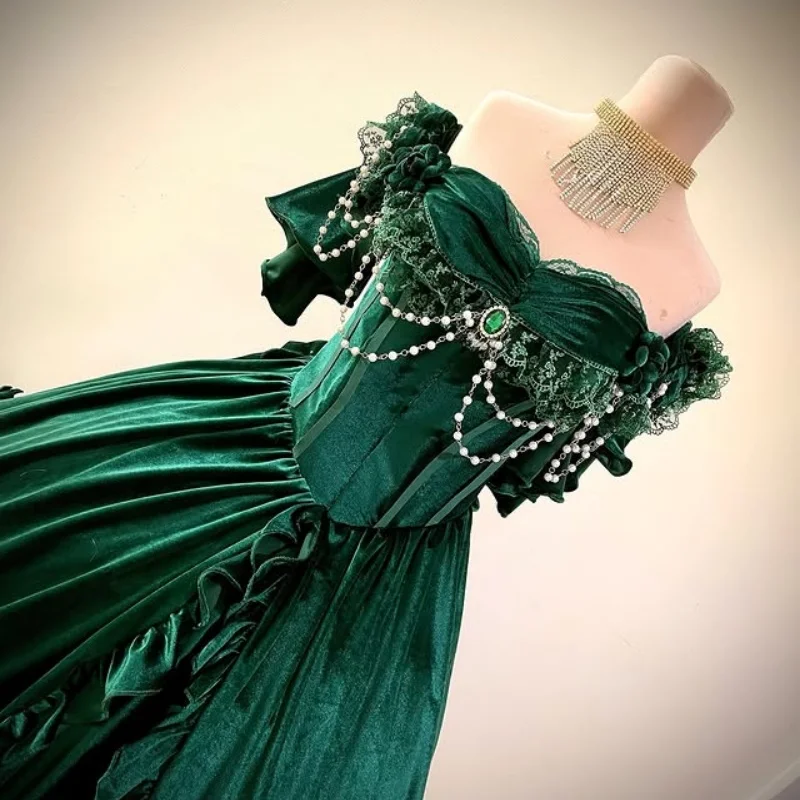 맞춤형 심플 블랙빛 녹색 킨세아녜라 드레스 오프숄더 아플리케 레이어링 롱테일 보우 베스티도 15 킨세아녜라