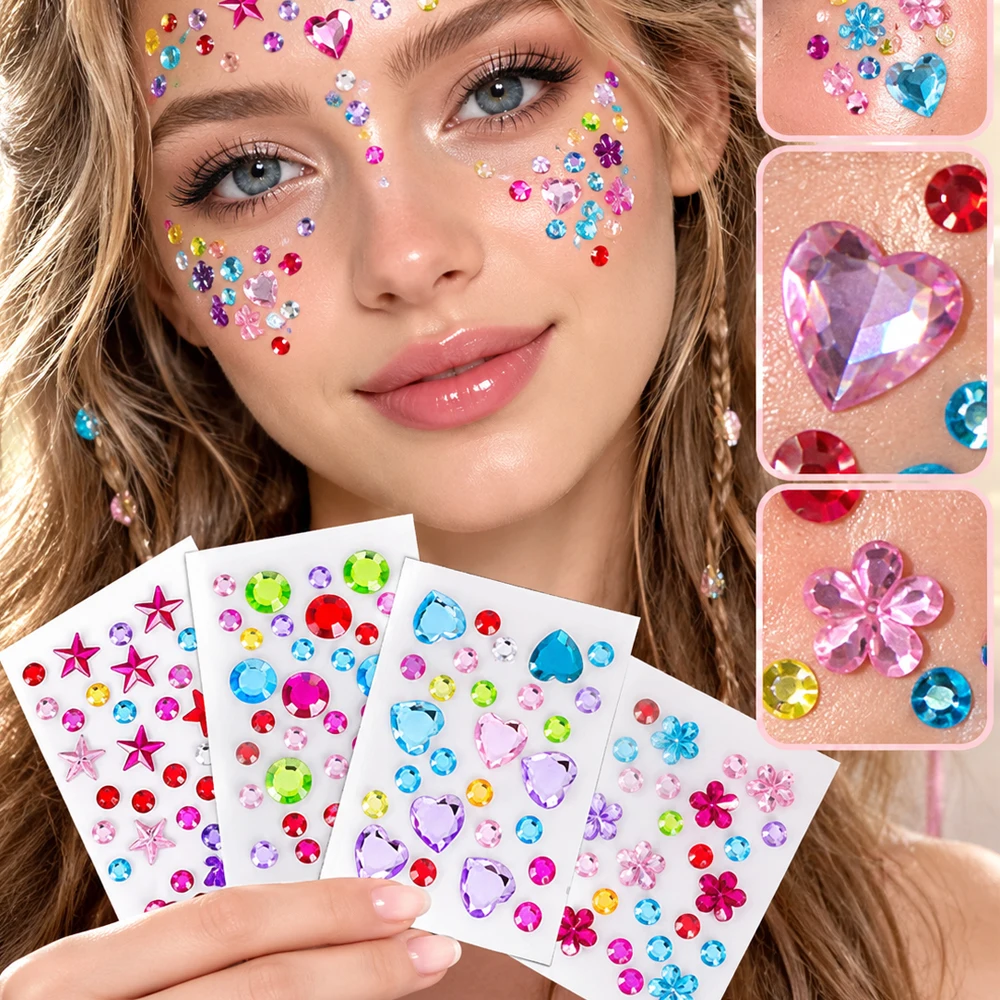 4Pcs Crystal Diamond Face Gems Stickers Rainbow Acrylic Rhinestone Face Jewels with Star Heart Body DIY Sparkly Face Stick Gems
