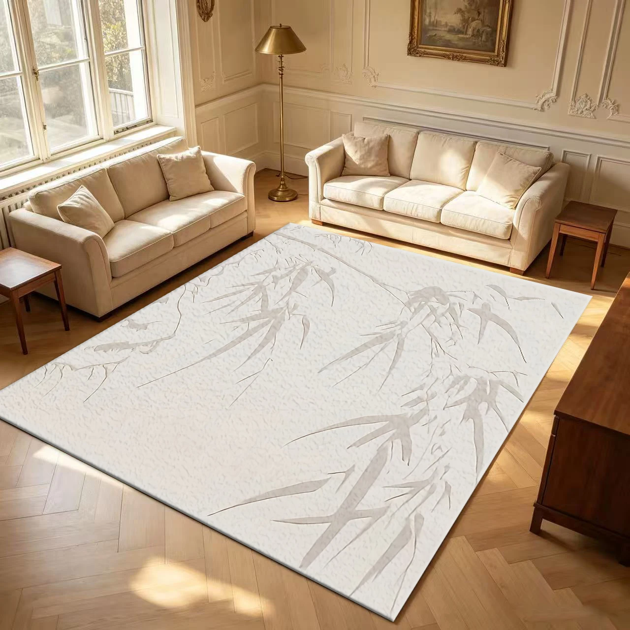 Chinese Style Light Bamboo Ink Painting Carpet, Simple Non-Slip Carpet Suitable for Living Room, Bedroom, Home Interior Decoration