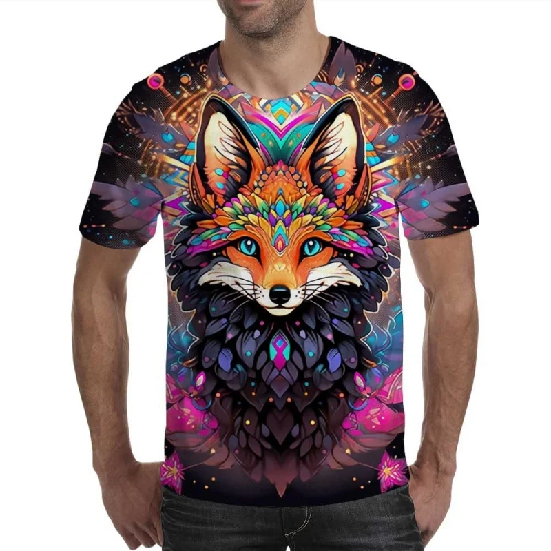 

Cat Fox Parrot Pattern Pattern T Shirt For Men Colorful 3D Printed Tees Casual Streetweet Short Sleeve Round Loose T-shirt
