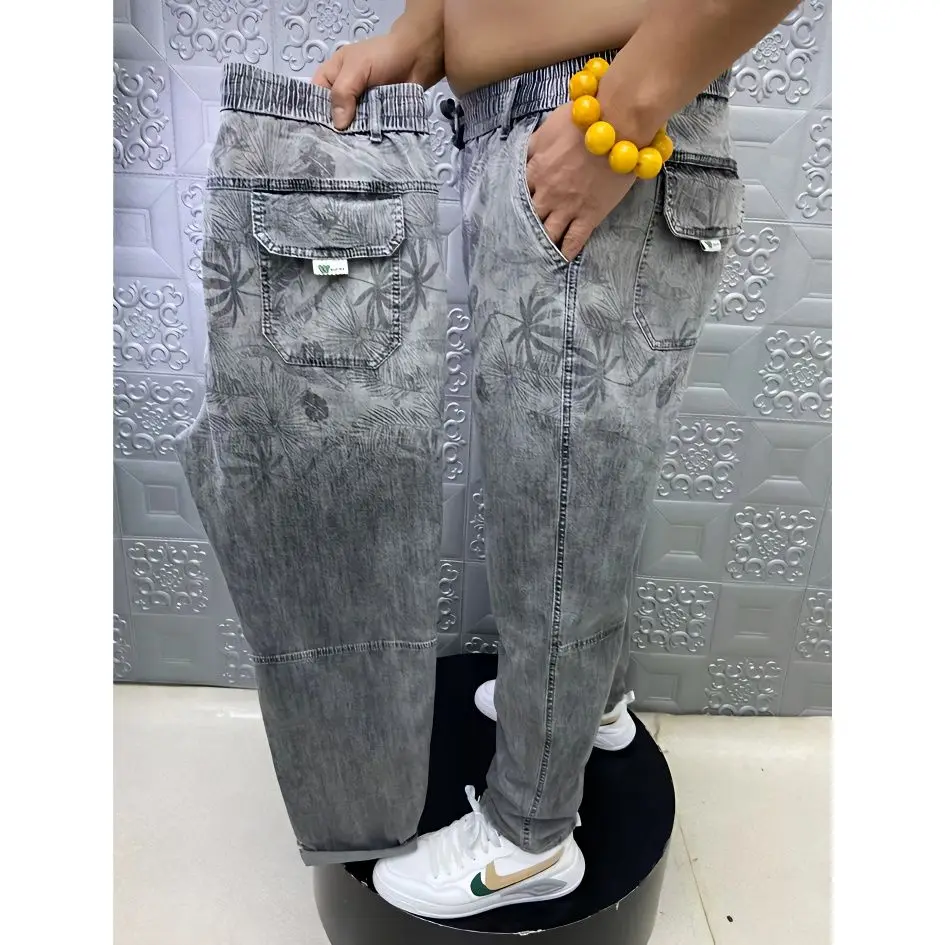 Summer Thin Loose Wide-leg Men Jeans Soft Lyocell Elastic Fashion Casual Straight Drawstring Denim Trousers Black Blue Gray