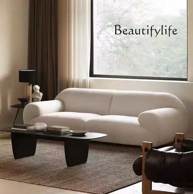 X40 French Cream Style Lamb Wool Sofa Light Luxury Small Apartment Living Room Wabi Sandy Wind Fabric Straight Row Sofa