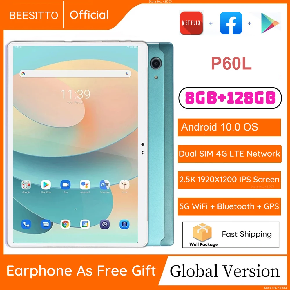 

Newest P60L 10 inch 1920x1200 IPS Tablet PC Android 10.0 SIM 4G LTE 8GB RAM 128GB ROM 5G WiFi Bluetooth Android 10.1" планшет