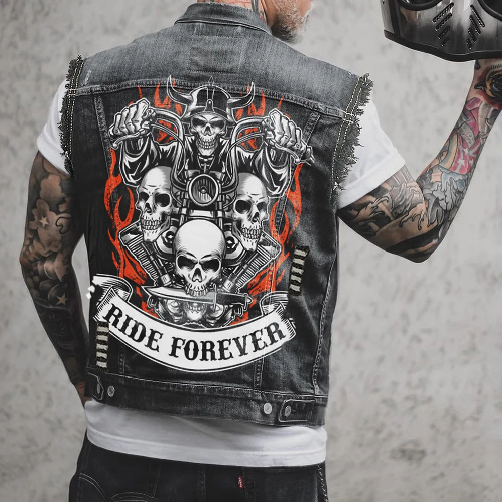 Tank Top Denim Jacket Men's Spring Autumn New Outdoor Cycling Motorcycle Punk Print Pattern Hollow Out Raw Edge Sleeveless