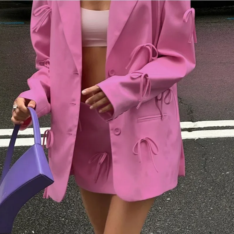 Elegant Women Suit Blazer Top Y2K Fashion INS Autumn Pink Bow Long Sleeve Single Breasted Pocket Jacket Coat Streetwear Outwear