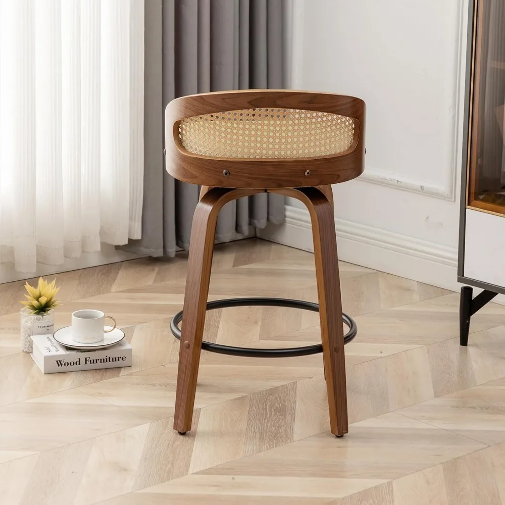 Drehbare Rattan-Barhocker, Mid-Century Modern, mit Kunstleder gepolsterte Barhocker in Barhöhe, Kücheninsel-Barhocker, Rattan-Rückenlehne