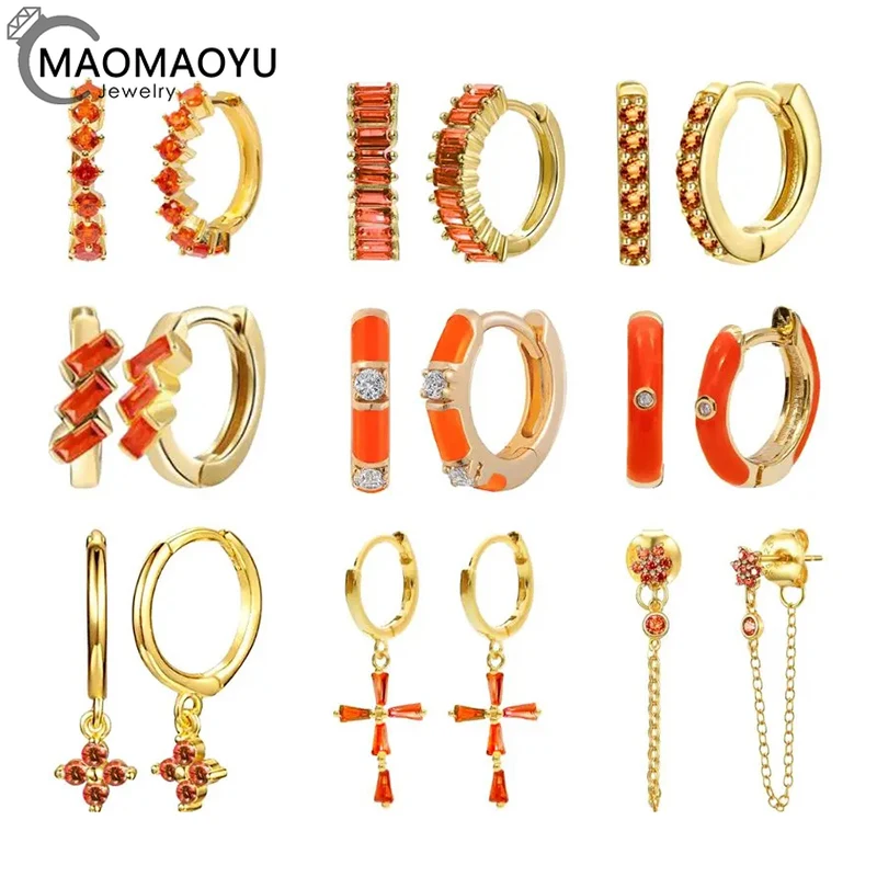 

925 Sterling Silver Needle Exquisite and Cute Geometric Design Orange Zircon Earrings Pendant Light Luxury and Elegant Jewelry