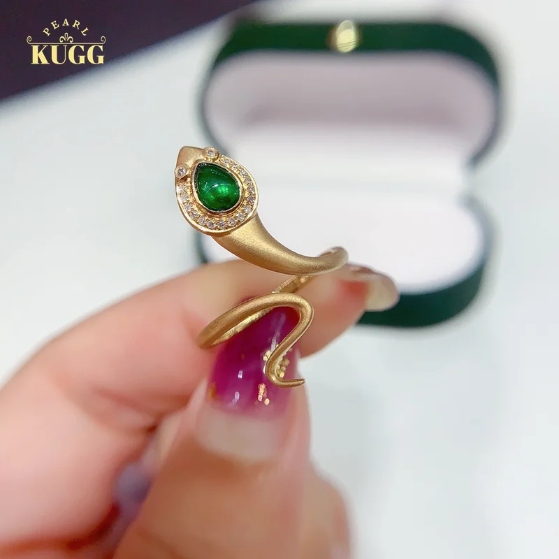 

KUGG 18K Yellow Gold Rings Real Natural Emerald Luxury Diamond Fashion Snake Shape Party Jewelry for Women Shiny Gemstone Fine