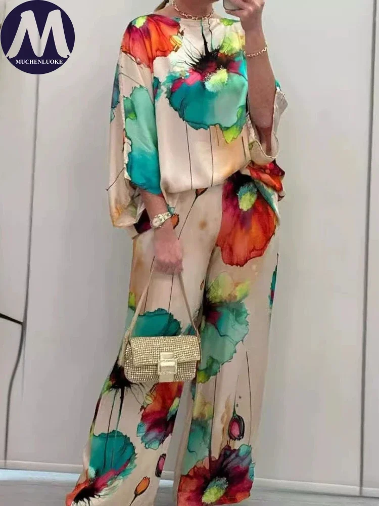 

Two-piece Ladies Set 2025 Summer New Casual Printing Dolman Sleeve Boat Neck Tops Suits Fashionable Loose Women's Pant Sets