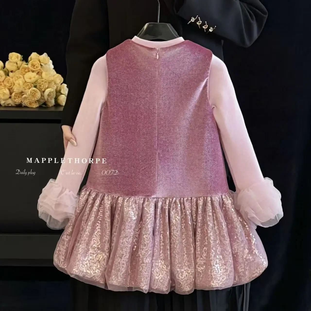 الخريف والشتاء الفتيات القوس مزين المخملية شبكة المرقعة الأزهار برعم بينافور فستان مبطنة بالصوف تول الأكمام 100-150 سنتيمتر #4