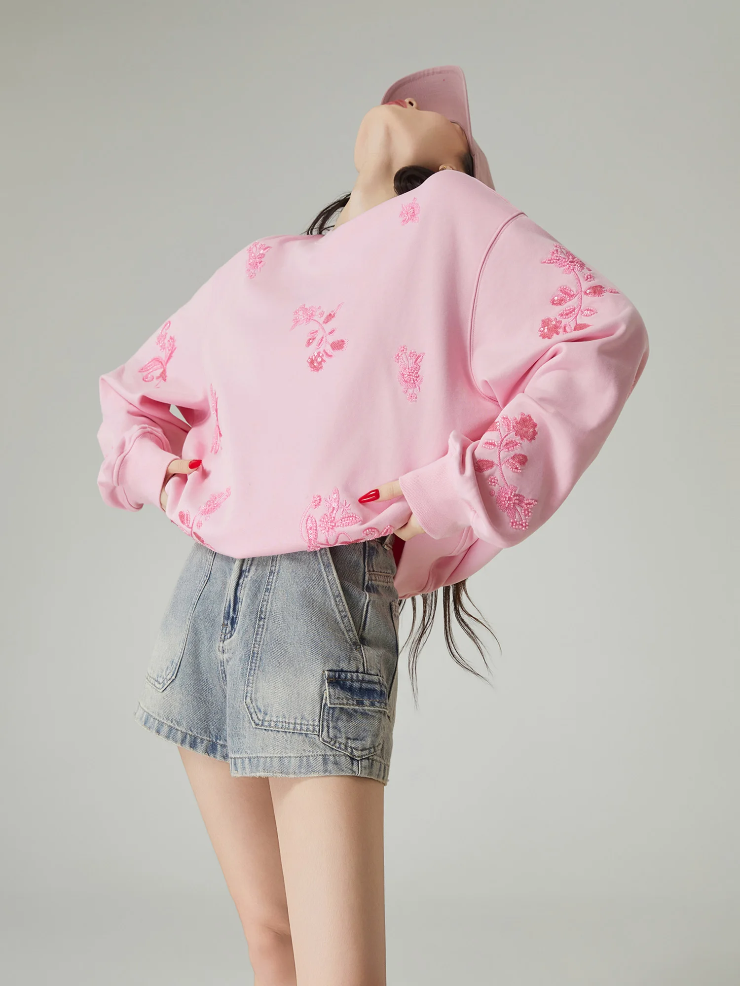

Dopne Pink Flower Embroidery round Ne Hoodie Women's Loose Casual Versatile Top Korean Sle Comfortable Polyester Blend