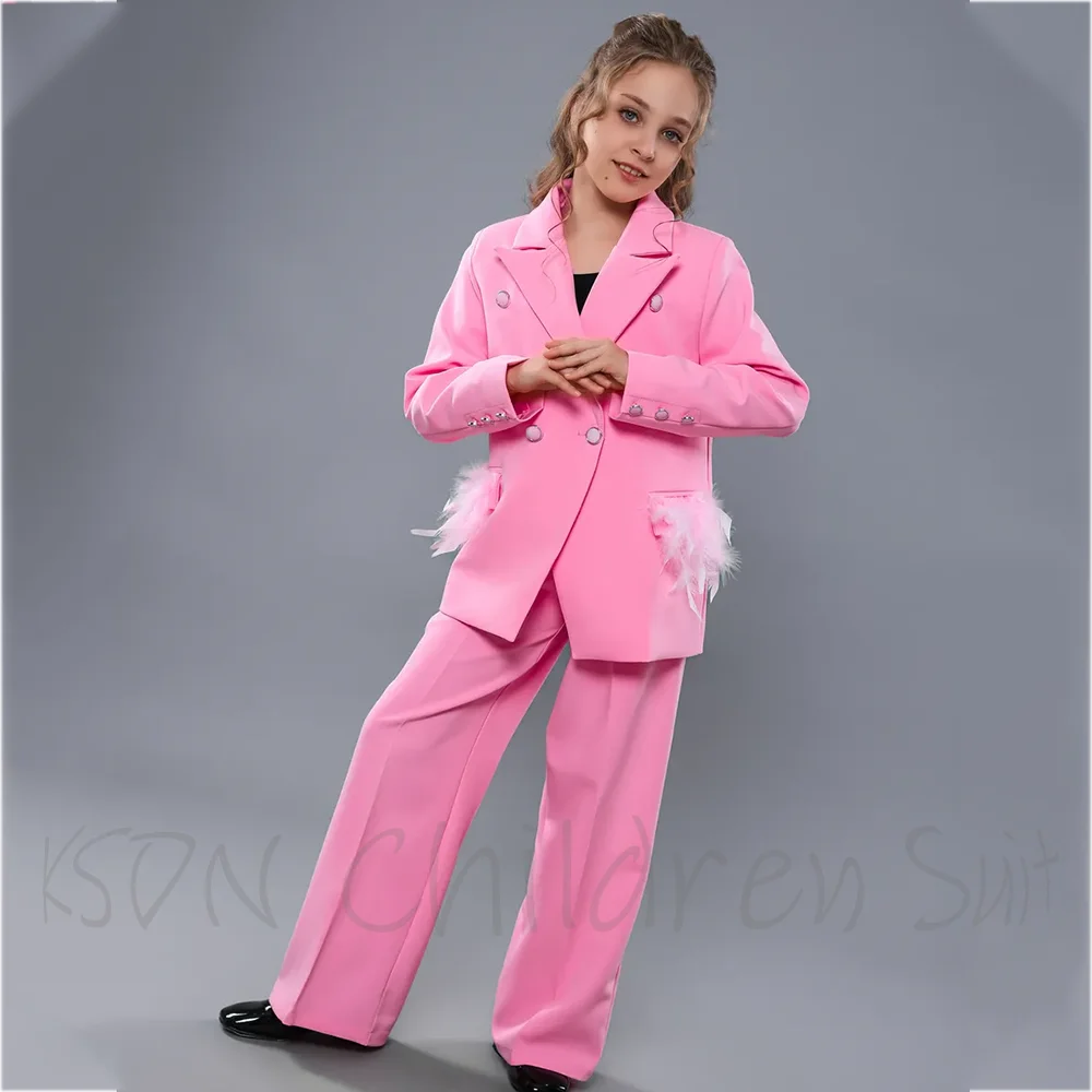 Kids Clothes Set Luxury Feather Double Breasted Girl's Suit 2 Pieces Pageant Birthday Flower Girl Wedding Formal Outfit Stylish