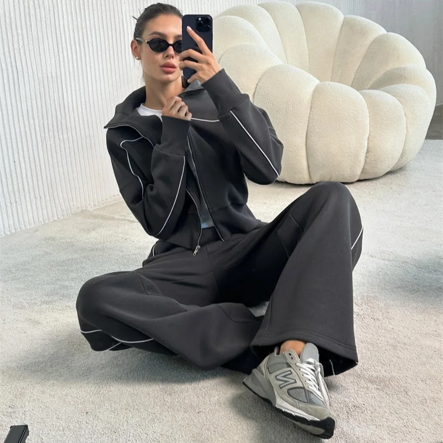 European And American Casual Suit Long-sleeved Zipper Cardigan Loose Striped Sweatshirt Elastic Wide-leg Pants Two-piece Set