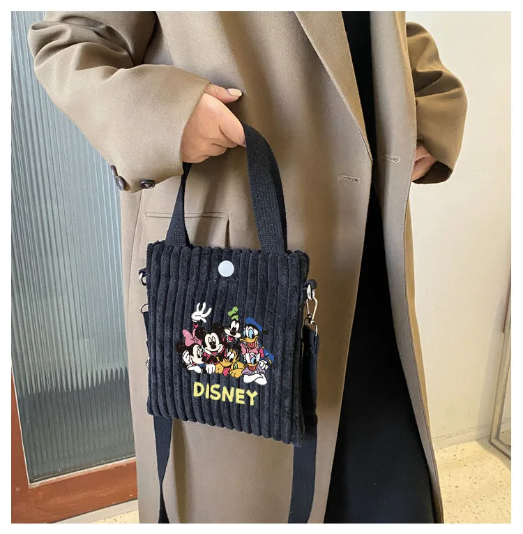 Disney Mickey Minnie sztruksowa torba z grubej bawełny damska kreskówka pluszowa torba na ramię torba do przechowywania kosmetyków z dwoma paskami