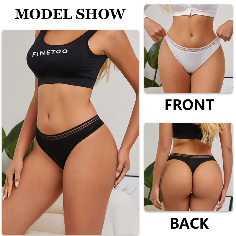 FINETOO 3PCS Cotton Striped Underwear for Women Sexy Hollow Out Waist Briefs Female Stretch Low Rise Lingerie Solid Panties S-XL