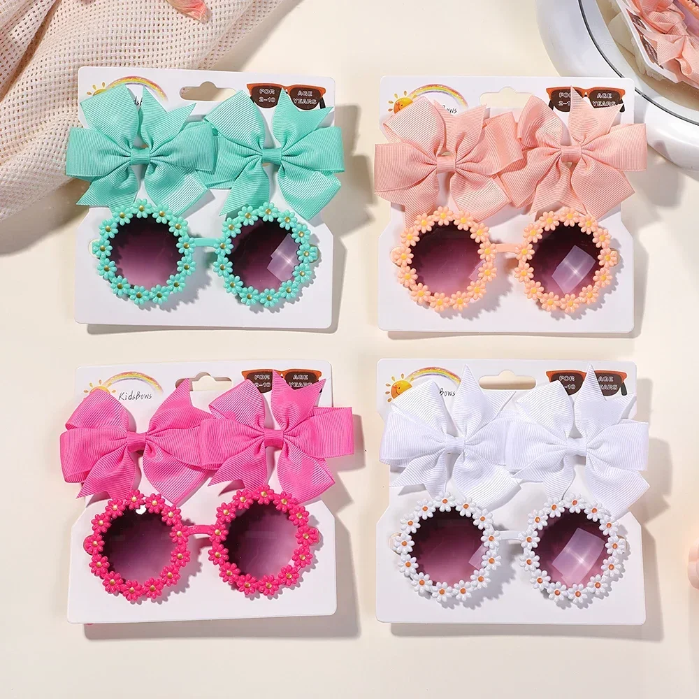 

3Pcs/set Kids Bows Hairclips Retro Flower Sunglasses for Girl Printing Handmade Hairgripes Child Headwear Glasses Accessories