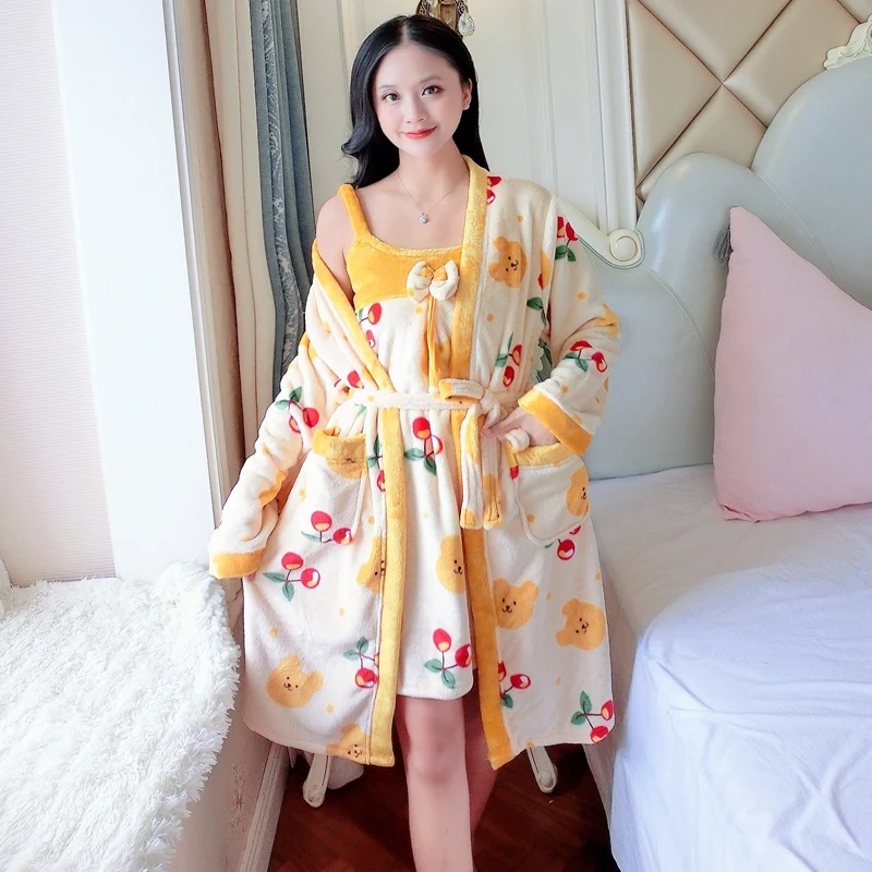 2023 Winter 2PCS Sexy Thick Warm Flannel Print Nightgowns Robes Set for Women Coral Velvet Sleepwear Bathrobe Night Dress Nighty