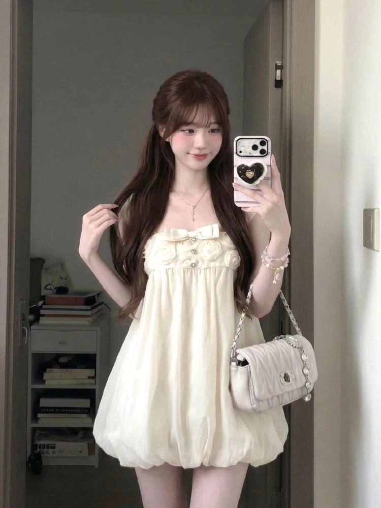 Summer 2026 New Style Women's A-Line Skirt Two-Piece Set Knot Diamond Buckle Strap Dress Floral 3D Embellishment