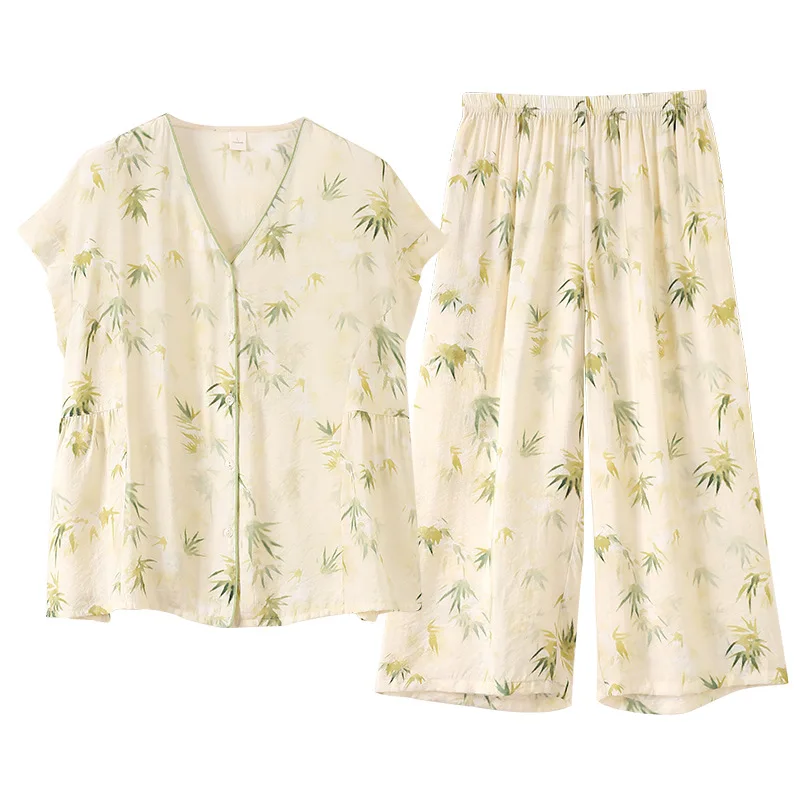 Elegant Summer Sleepwear Women's Short Sleeve Seven-Foot Thin Model Wearing Outdoors Home Comfortable Nightgown Set