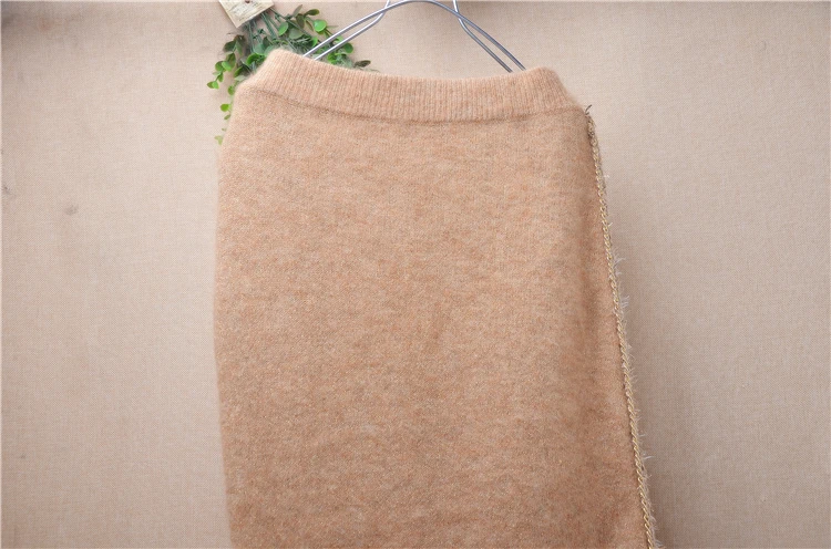 Irregular Fashion Ladies Women Autumn Winter Hairy Soft Genuine Pure Mohair Angora Wool Knitted Split Shining Sweater Skirt Pull