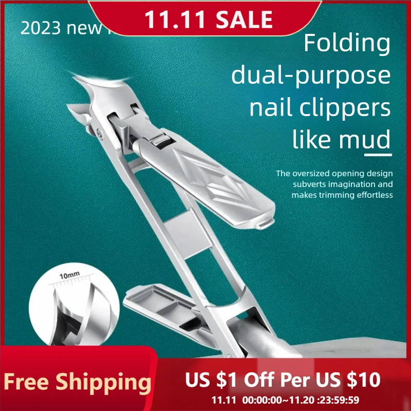 กรรไกรตัดเล็บพับได้แบบพกพา 1 ชิ้น หัวคู่ ช่องเปิดกว้าง กรรไกรตัดเล็บสแตนเลสแบบใหม่ ใช้ได้สองแบบ อุปกรณ์ทำเล็บ