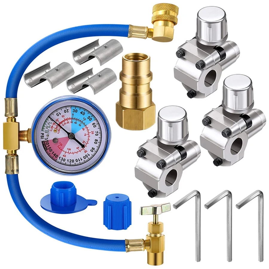 

3 Pack BPV31 Piercing Tap Valve Kits U-Charging Hose Refrigerant Can Tap with Gauge R134A Can Connect to R12/R22 Port