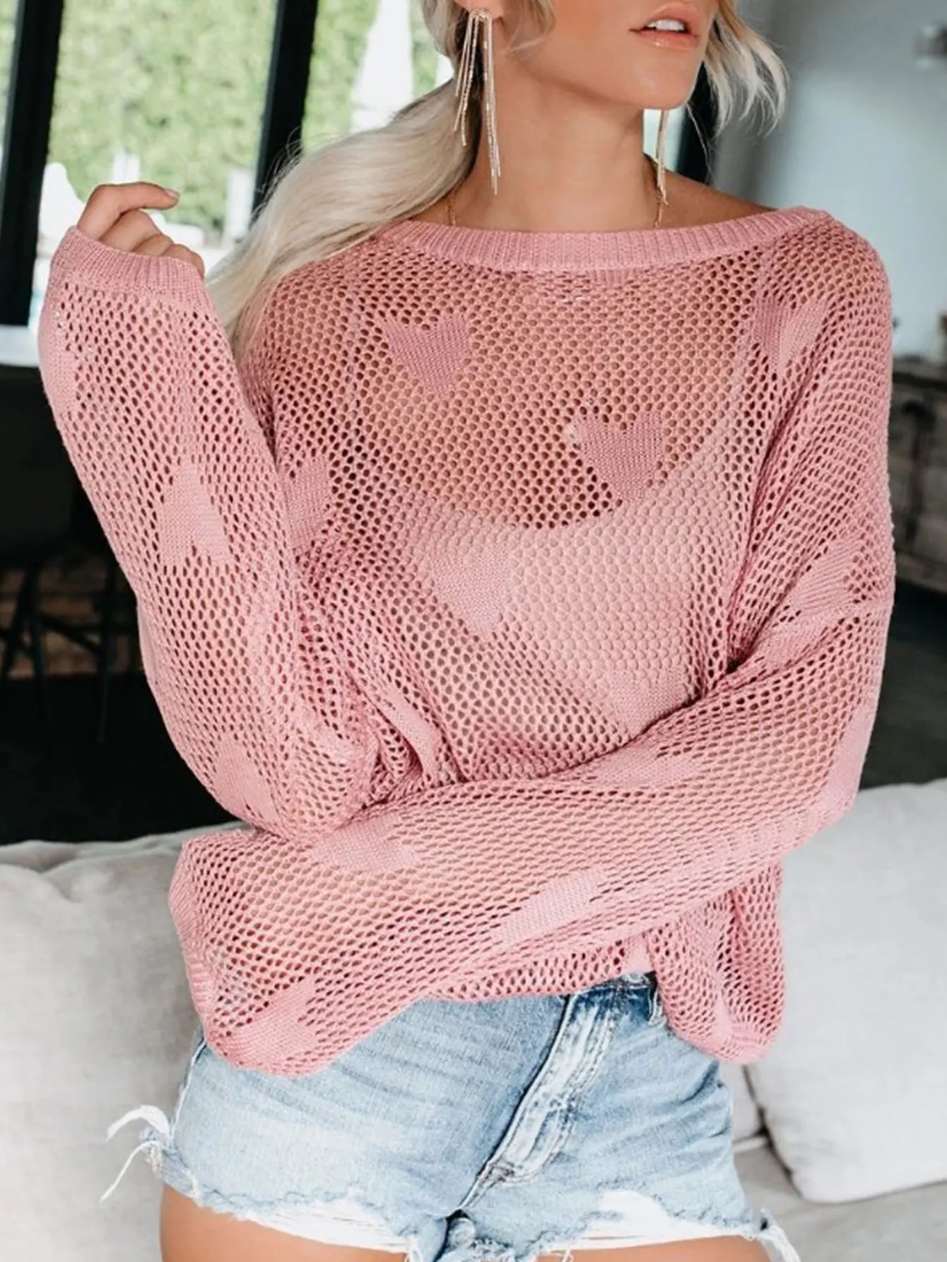 Damessweater met lange mouwen en ronde hals Hart Open steek Casual Basic Dagelijks Modieus Top voor herfst en winter