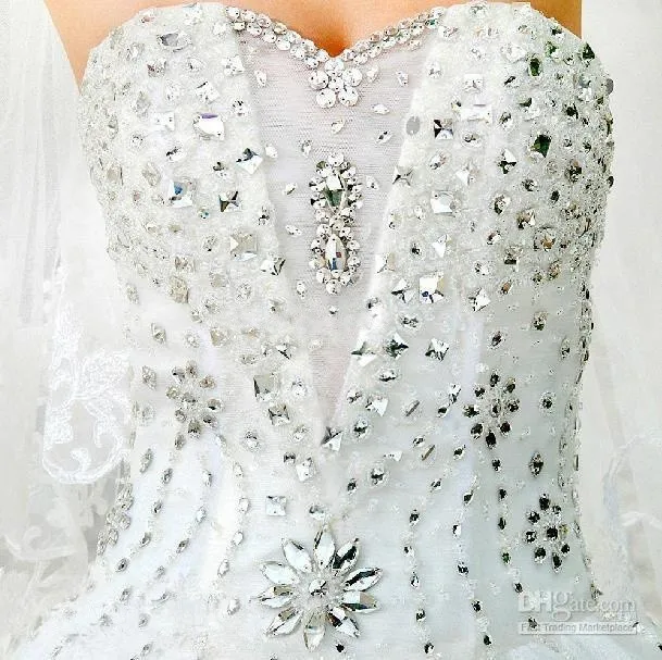 Gorgeous White  Wedding Dresses Beaded shiny Crystal Tulle Luxury Bridal Gown with flower Cathedral Train Lace Applique