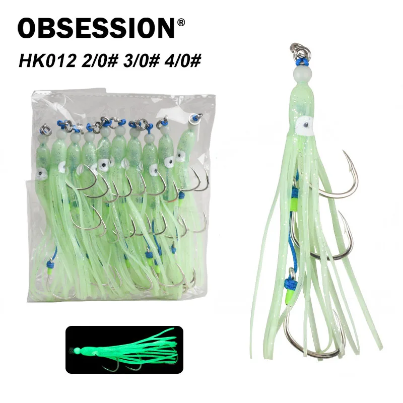 

OBSESSION HK012 10pcs/bag Triple Assist Octopus Hook Trolling Jigging Assist Fishing Hooks Glow Soft Treble Squid Barbed Hooks