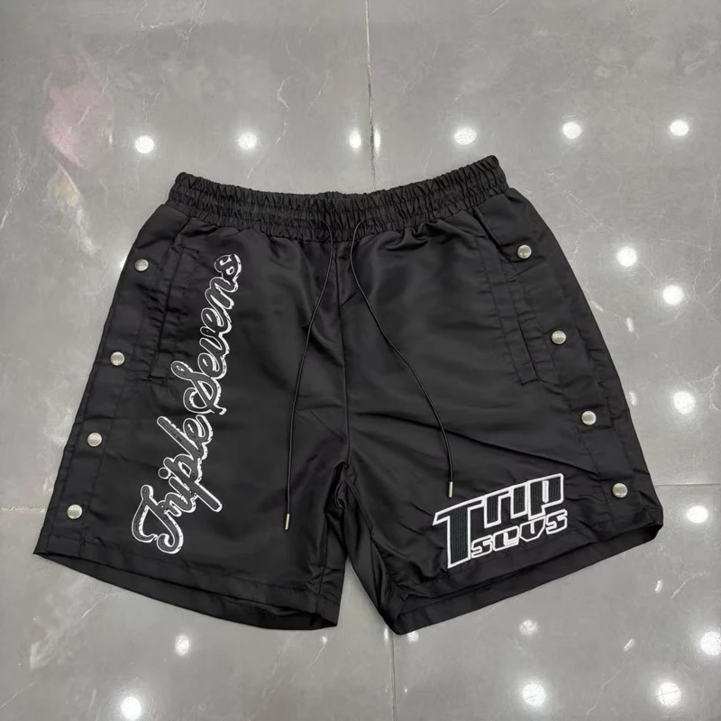 

Black Triple Sevens Side Slit Button Placket Shorts Pockets 7S Logo Pants Men Women Casual Drawstring Waterproof Loose Shorts