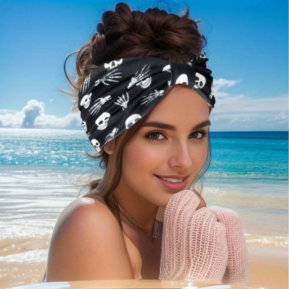1pc Mode Nicht Slip Punk Stirnband Schädel Muster Stirnband Halloween Kopfbedeckungen Verknotet Haarband Haar Styling Zubehör – Detail 4