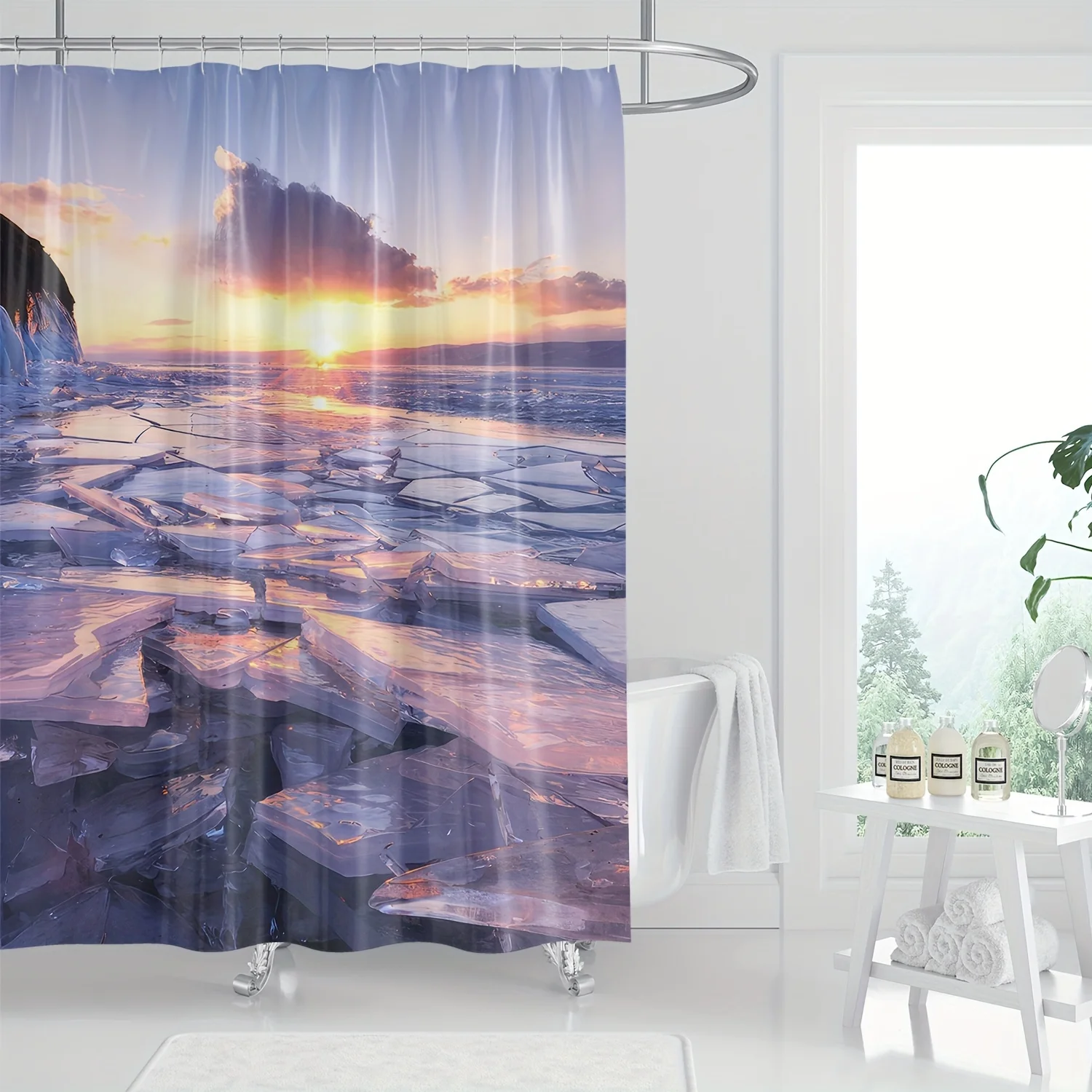 

Занавеска для душа Ocean Sunrise Iceberg, художественный декор, яркий дизайн в синих и фиолетовых тонах, можно стирать в машине, современная цифровая печать