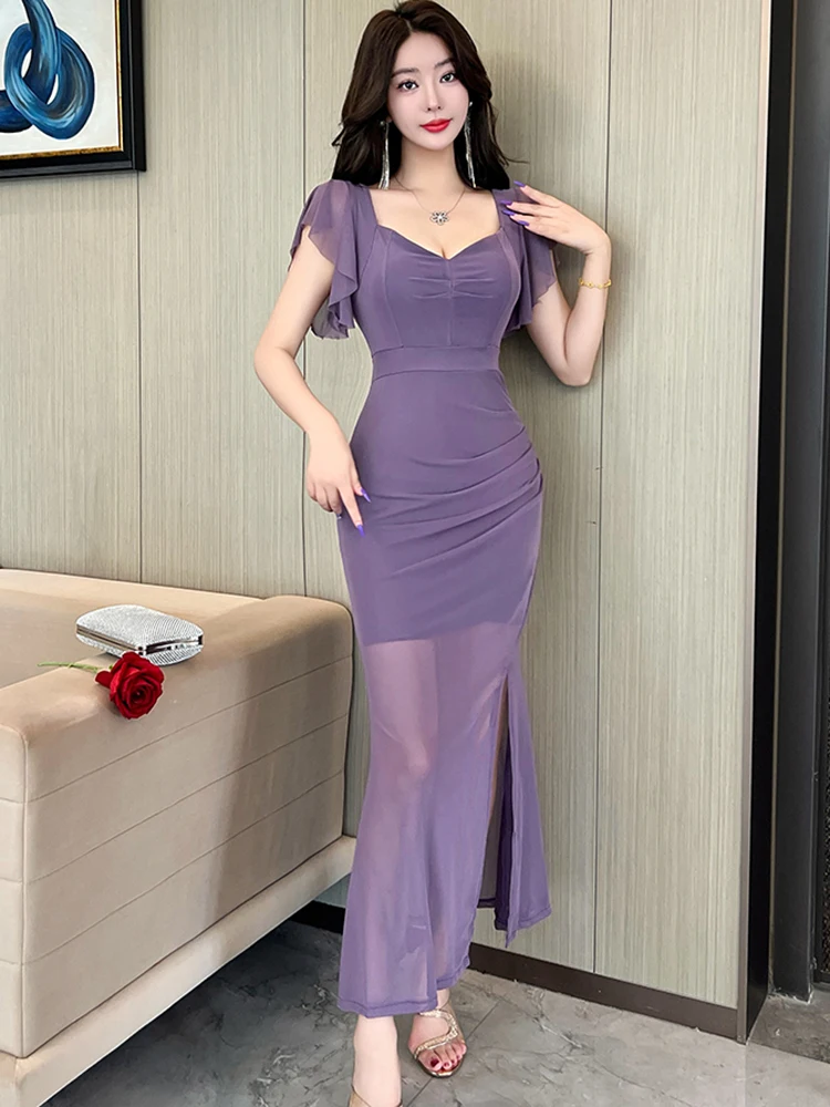 Abito lungo estivo con colletto quadrato e maniche a farfalla in rete viola Abito da donna elegante e trasparente Abito da club sexy 2025 Abito aderente coreano