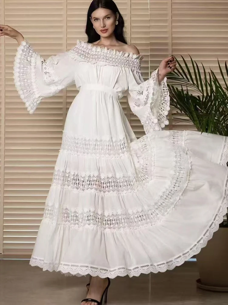 

Retro applique sexy one-shoulder flared sleeve lace-up cinched waist dress 2025 summer women's multi-layered loose puffy dress