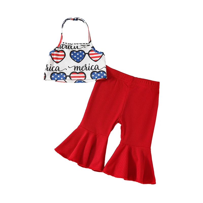 

Baby Girls Summer Outfit Halterneck Heart Print Vest with Flare Pants 4th of July Clothing