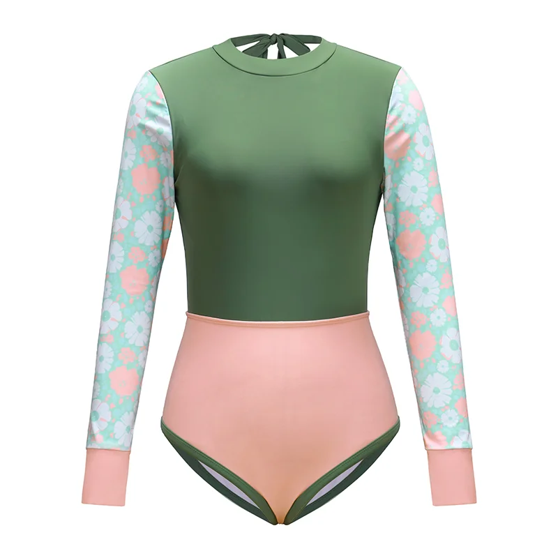 2024 Sexy Print Long Sleeve Women's Surfwear One Piece Swimsuit With Sarong Backless Beachwear Monokini Rashguard Bathing Suit