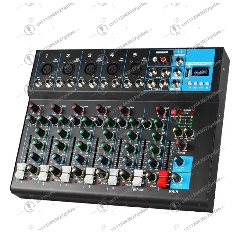 Professional 7-channel DJ audio mixer console for audio and video lighting with USB and MP3 DSP capabilities