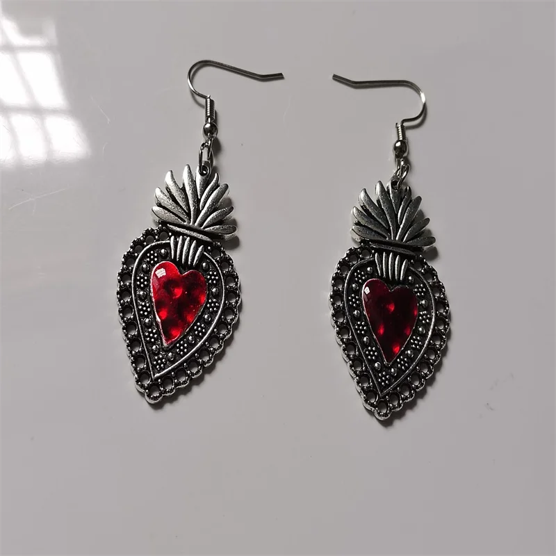 Mexican Sacred Heart Earrings, Milagro Dangle, Large and Silver Plated Charm, Gifts for Women