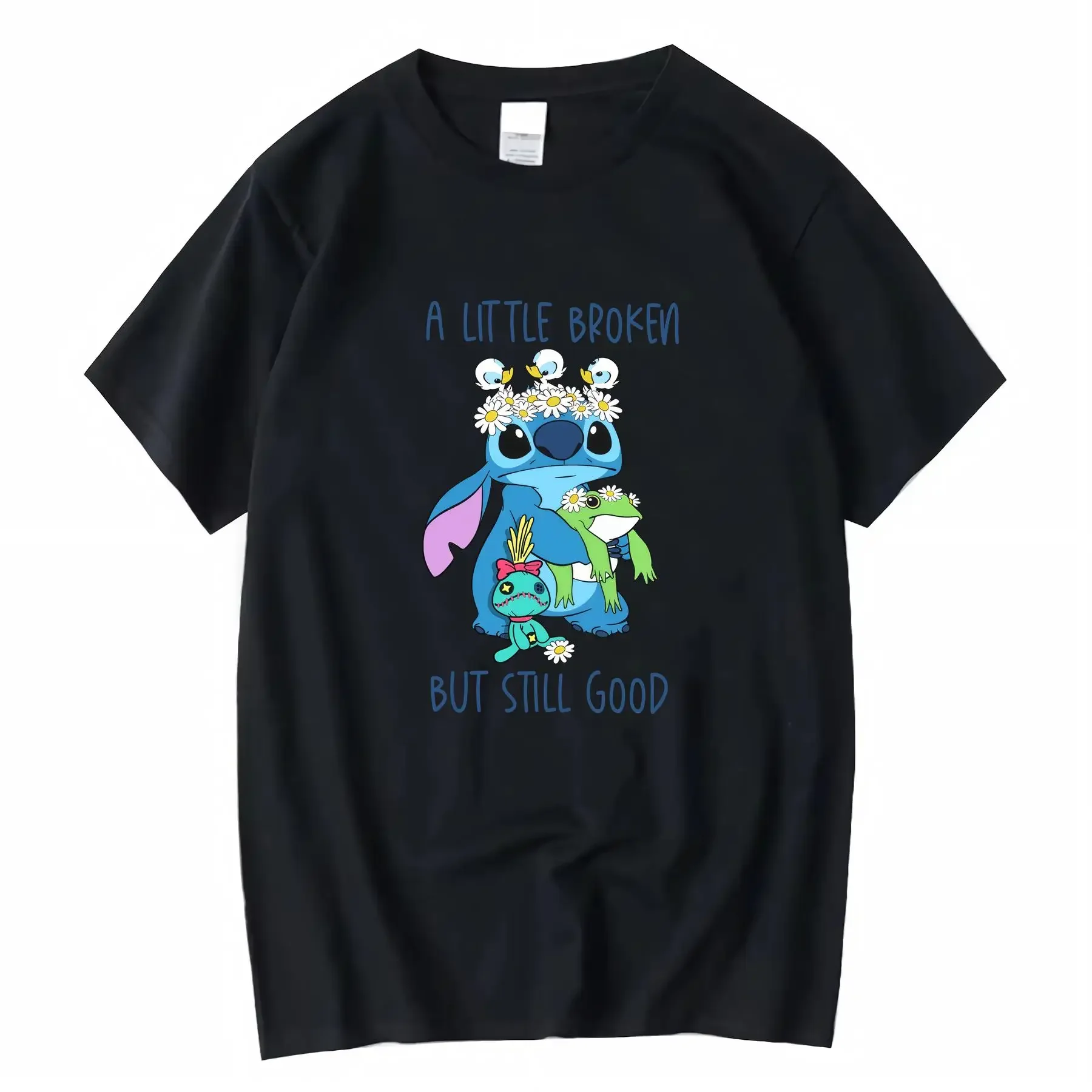 

Disney Lilo Stitch Cute Daisy Scrump Frog Ducks Crew Neck T shirt for Women vintage Washed Top For Everyday Wear fashion