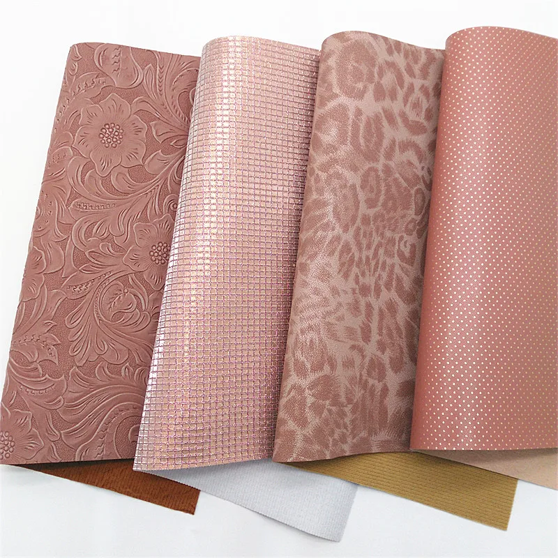 Rose Gold Grids Textured Glitter Leather Sheets Flowers Dots Embossed Faux Leather Leopard Printed For Bow DIY 21x29CM Q1555